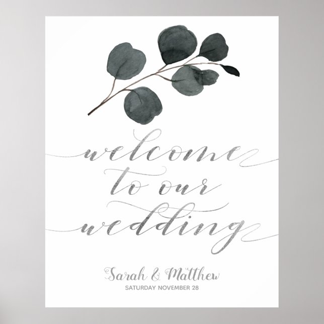 Affiche Eucalyptus Noir & Argent Bienvenue À Notre Mariage (Devant)