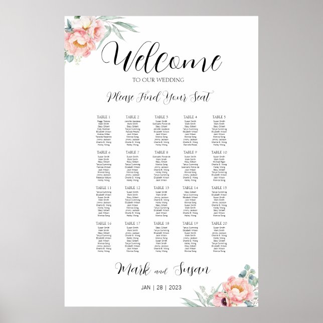Affiche Eucalyptus Peonies Mariage Welcome Chart (Devant)