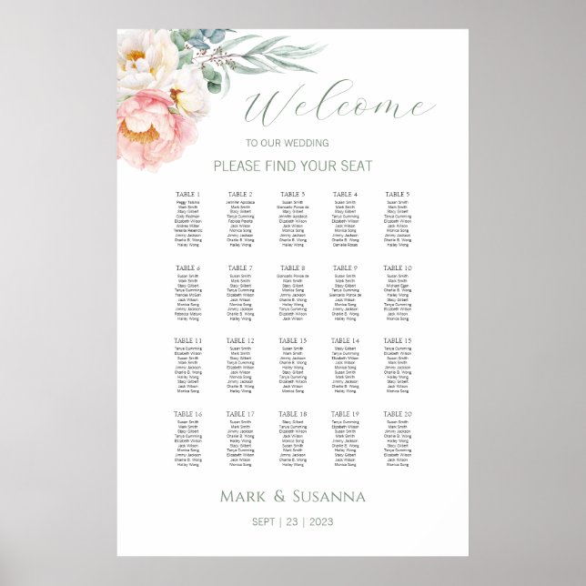 Affiche Eucalyptus Peonies Mariage Welcome Chart (Devant)