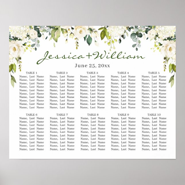 Affiche Eucalyptus & Rose 10 Tables Mariage CHART DE SIÈGE (Devant)