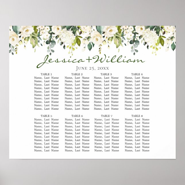 Affiche Eucalyptus & Rose 8 Tables Mariage CHART DE SIÈGE (Devant)