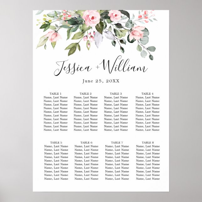 Affiche Eucalyptus & Rose 8 Tables Mariage CHART DE SIÈGE (Devant)