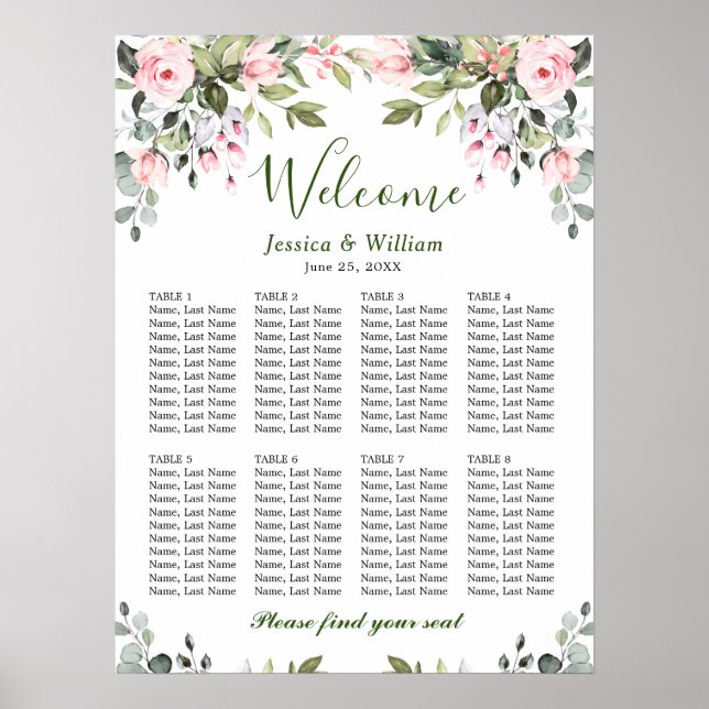 Affiche Eucalyptus & Rose 8 Tables Mariage CHART DE SIÈGE (Devant)