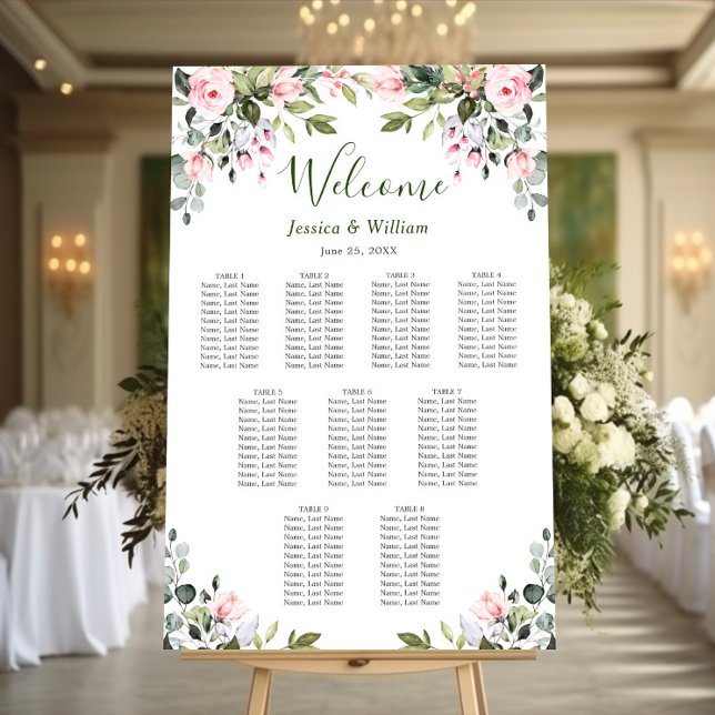 Affiche Eucalyptus & Rose 9 Tables Mariage CHART DE SIÈGE (Créateur téléchargé)