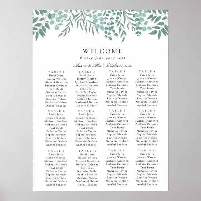Affiche Eucalyptus Rustic Greenery Mariage Carte de siège (Devant)