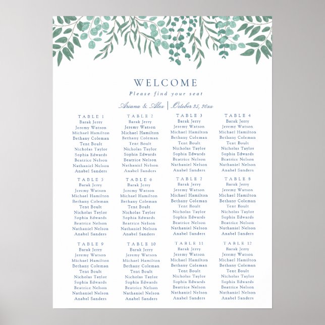 Affiche Eucalyptus Rustic Greenery Mariage Carte de siège (Devant)