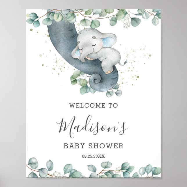 Affiche Eucalyptus verdure Elephant Baby shower Bienvenue (Devant)