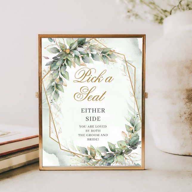 Affiche Eucalyptus verdure & or Choisir un siège de chaque (Bohemian green eucalyptus and gold wedding tabletop sign)