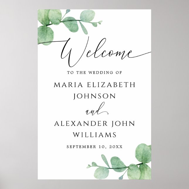 Affiche Eucalyptus Wedding Welcome Sign | Elegant Script (Devant)