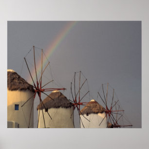 Affiche Europe, Grèce, Mykonos. moulin à vent avec arc-en-