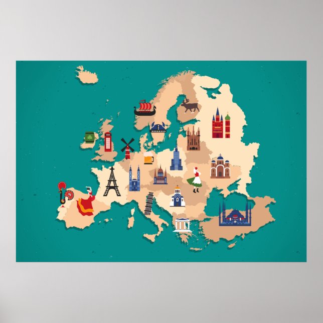 AFFICHE EUROPE MAP ÉLÉMENTS DE PAYS ILLUSTRATION CONCEPTIO (Devant)