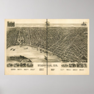 Affiche Evansville Indiana 1888 Antique Panoramic Map
