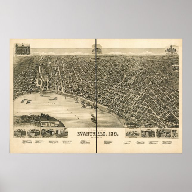 Affiche Evansville Indiana 1888 Antique Panoramic Map (Devant)