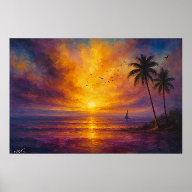 Affiche Évasion au coucher du soleil sur l'océan - Ciel vi (Devant)