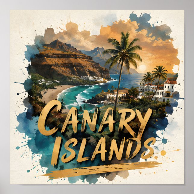 Affiche Évasion tropicale aux îles Canaries à l'aquarelle (Devant)