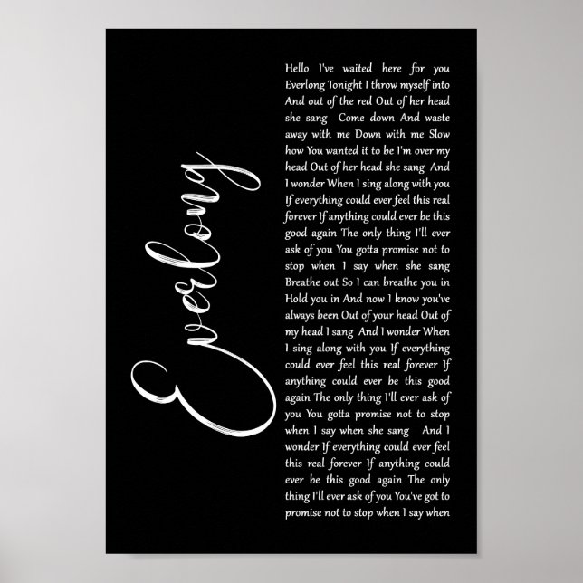 Affiche Everlong Black Script Chanson Lyric Wall Art Impri (Devant)