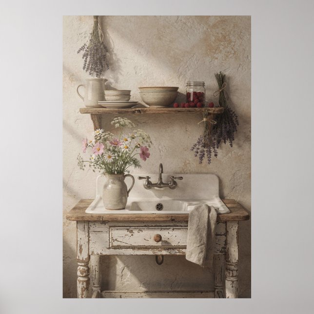 Affiche Évier de cuisine rustique avec lavande et fleurs s (Devant)