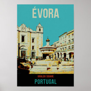Affiche Evora Giraldo Carré illustration Portugal vintage