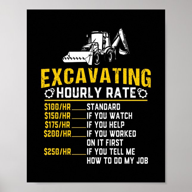 Affiche Excavateur à taux horaire amusant Machine d'excava (Devant)