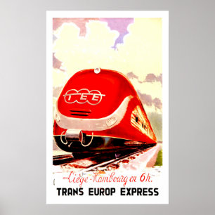 Affiche Express Trans Europe, train rapide, voyage vintage