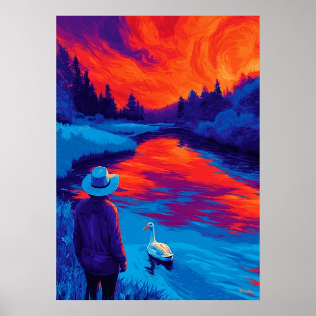 Affiche Expressionist River Sunset Contemplation Art (Devant)