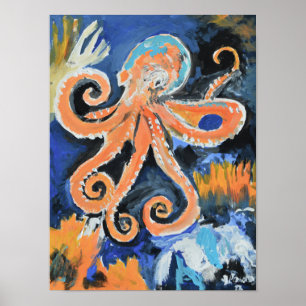 Affiche Expressionniste Pieuvre Orange Vibrante