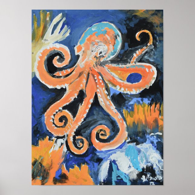 Affiche Expressionniste Pieuvre Orange Vibrante (Devant)