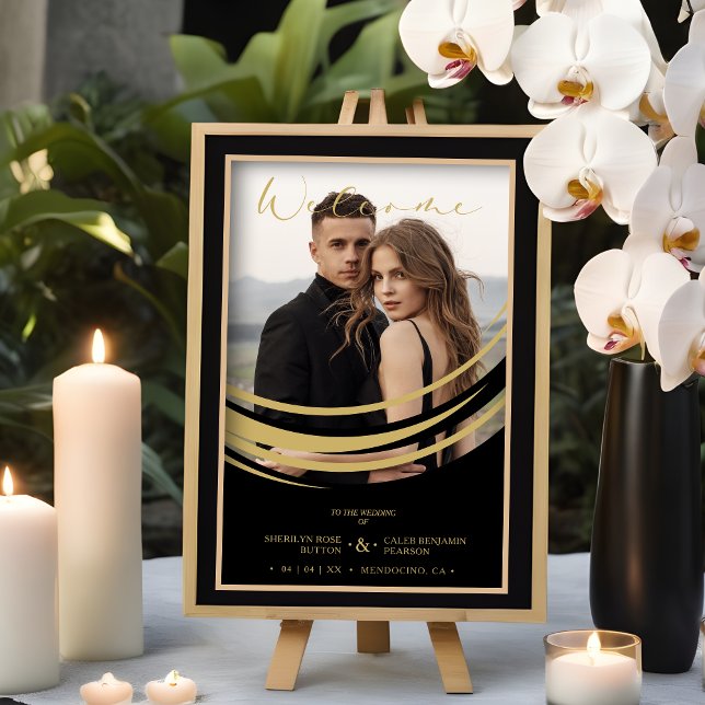 Affiche Exquise Abstraite forme géométrique dorée (Exquisite Faux Golden Abstract Geometric Shape Photo Wedding Welcome Guests Poster.)