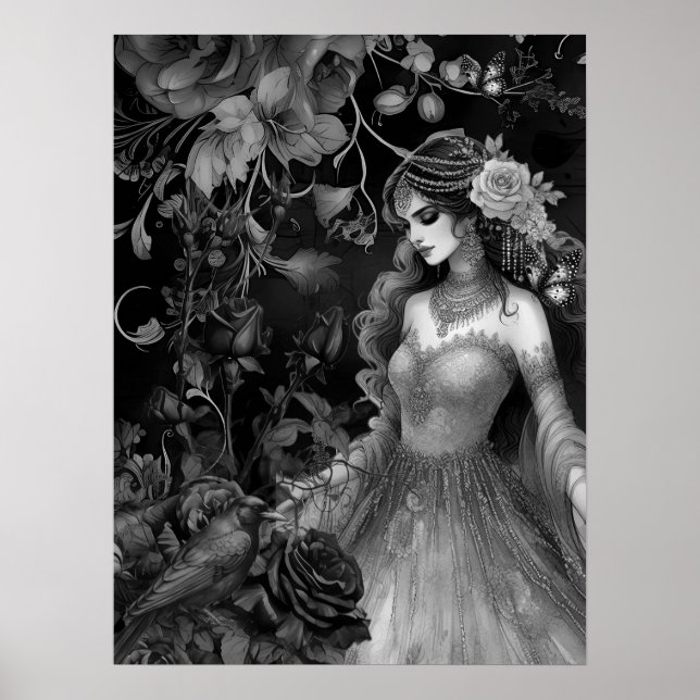 Affiche Exquise Sombre Monochromatique Beauté Roses & Corb (Devant)