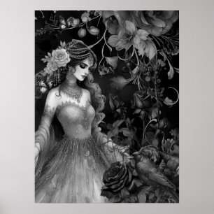 Affiche Exquise Sombre Monochromatique Beauté Roses & Corb