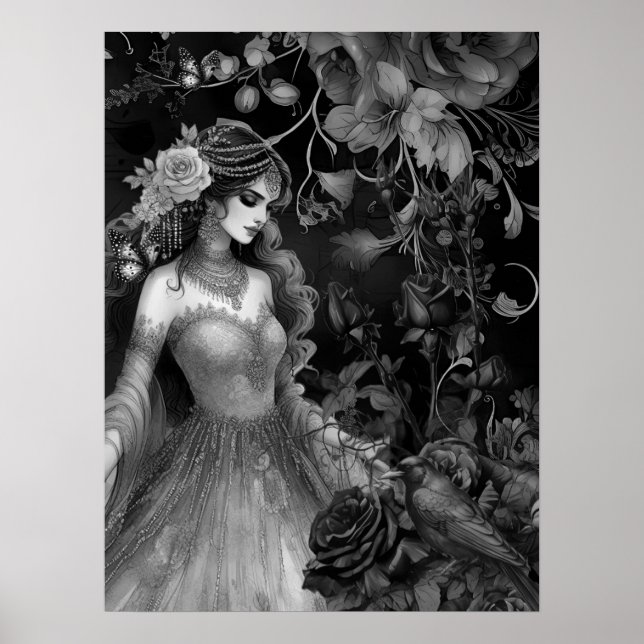 Affiche Exquise Sombre Monochromatique Beauté Roses & Corb (Devant)