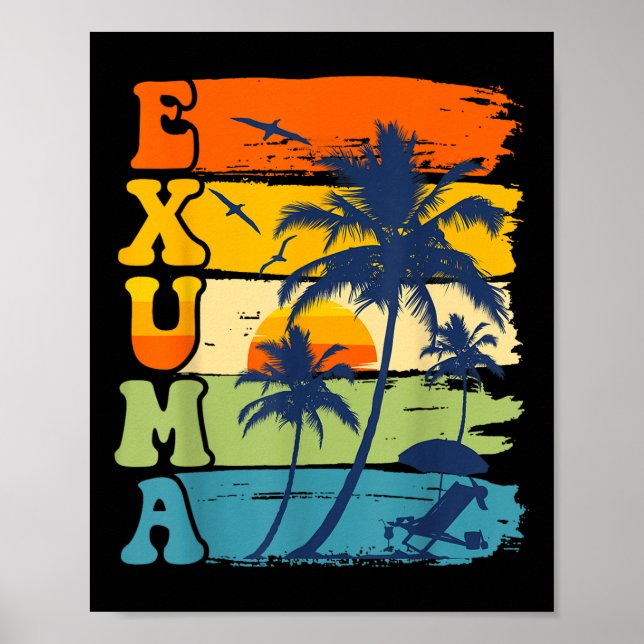 Affiche Exuma Bahamas Retro Palm Tree Beach Vacatio été (Devant)