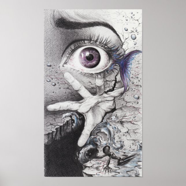 Affiche Eye fish and hand Dream Surreal drawing art (Devant)