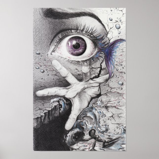 Affiche Eye fish and hand Dream Surreal drawing art (Devant)