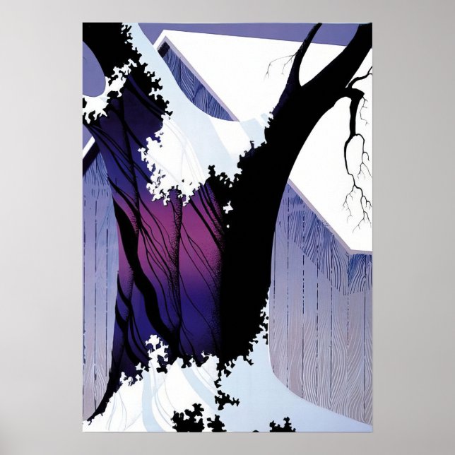 Affiche Eyvind Earle - Arbre violet et grange - 1975; Unit (Devant)