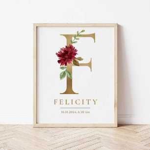Affiche F Lettre Monogramme Nom Marsala Floral Nursery