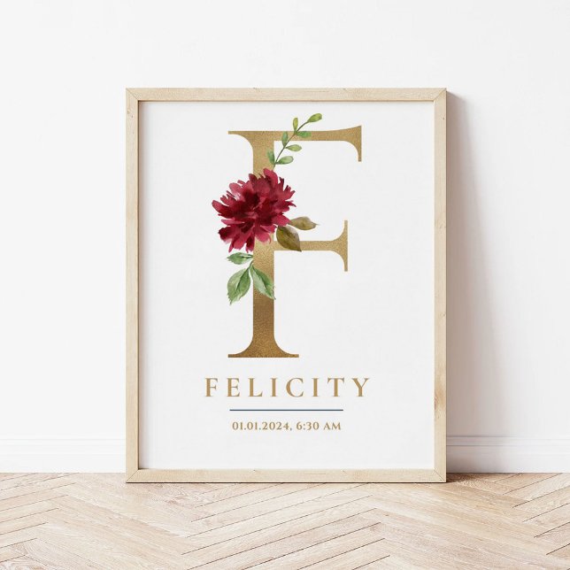 Affiche F Lettre Monogramme Nom Marsala Floral Nursery (Créateur téléchargé)