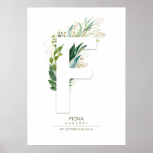 Affiche F Lettre Monogramme Or Vert Feuillage Chic