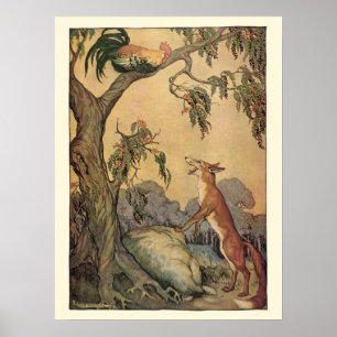 Affiche Fables d'Ésope vintage, Renard, Coq et Chien