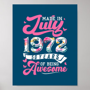 Affiche Fabriqué En Juillet 1972 Floral 50 Ans 50ème