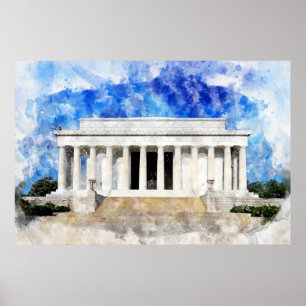 Affiche façade du Lincoln Memorial à l'aquarelle