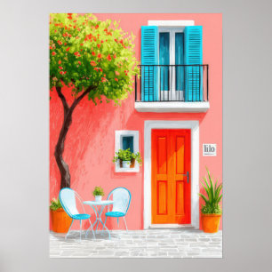 Affiche Façade italienne avec un arbre en fleurs