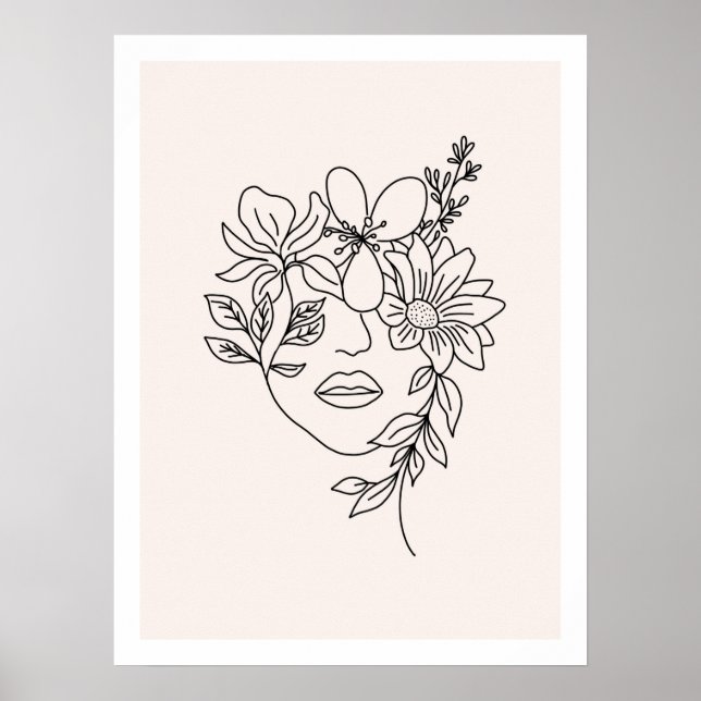 Affiche Face de la Dame avec fleurs Line Art Print (Devant)