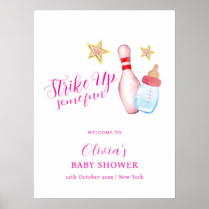 Affiche Faire la fête en rose Bowling Baby Shower Bienvenu