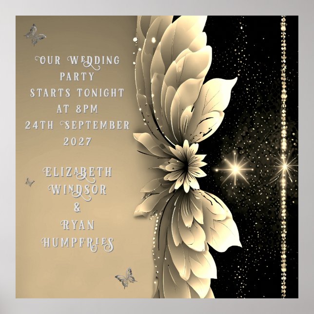 Affiche Faire-part de mariage Floral d'or métallique moder (Devant)