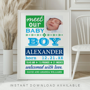Affiche Faire-part de naissance de bébé garçon bleu modern