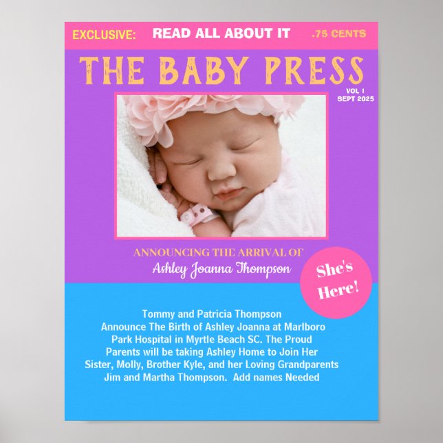 Affiche Faire-part de naissance photo Girls Purple Keepsak (Devant)