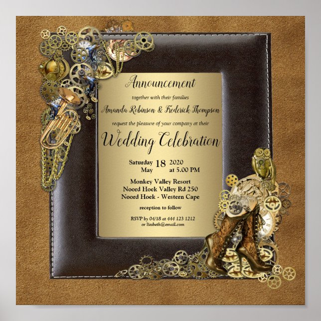 Affiche Faire-part Mariage Gothique-Gold Steampunk (Devant)
