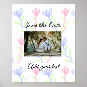 Affiche Faire-part simple aquarelle fleur rose bleue