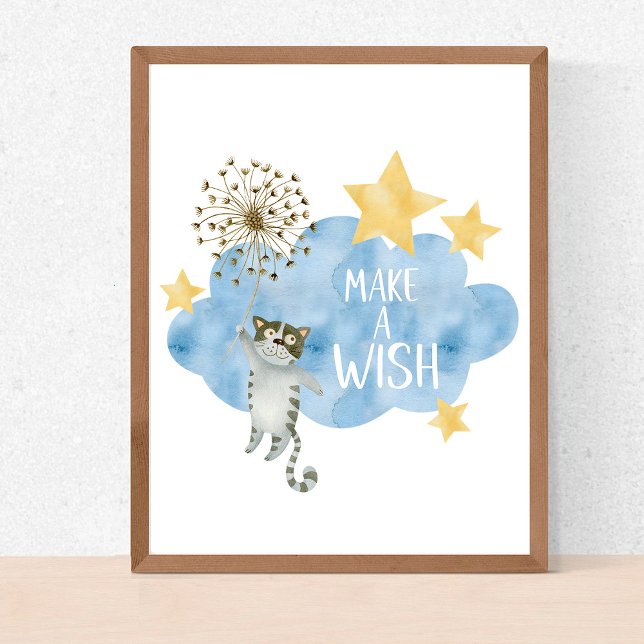 Affiche Faire un vœu Citation Chat Étoiles Nuage Chambre B (Créateur téléchargé)